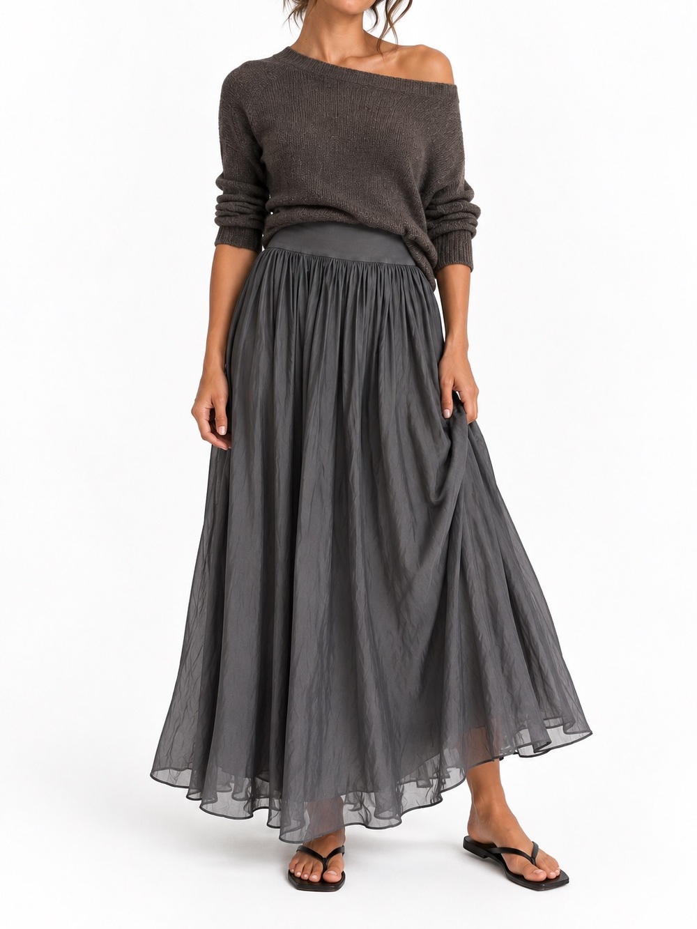 Belle France Charcoal Gray Silk Blend Flowy Maxi Skirt Made in Italy Size Small